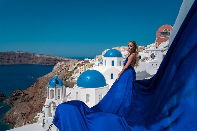 Flying Dress Photoshoot in Oia Private entry to Blue Dome - Dress, Photos, and the Extra Video Question
