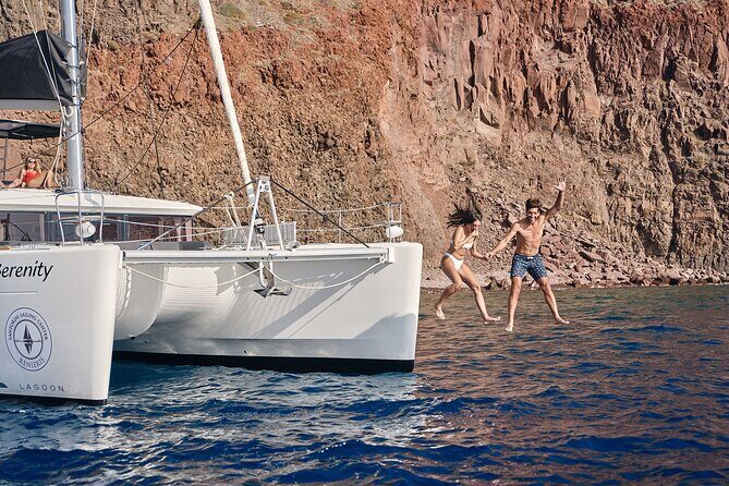 Santorini Oia: Private Sunset Catamaran Cruise with BBQ & Drinks - Palea Kameni + Nea Kameni: volcano views, sulfur waters, and salt-float time