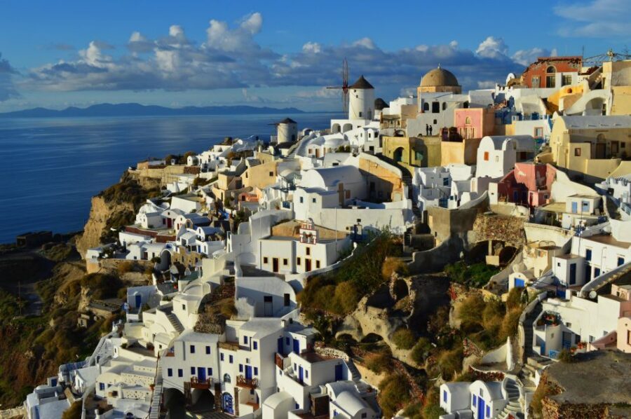 Santorini Sunset Chasing Adventure: Half-Day Private Tour - Profitis Elias viewpoint: looking down on Pyrgos, Kamari, and Perissa